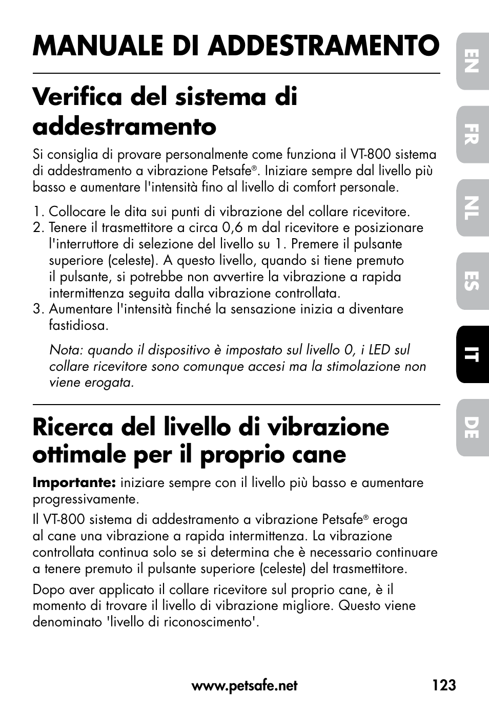 Manuale di addestramento, Verifica del sistema di addestramento, De fr es nl it en | Petsafe VT-800 Remote Vibration Trainer User Manual | Page 123 / 160