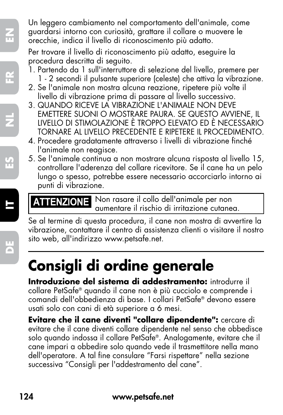 Consigli di ordine generale, De fr es nl it en | Petsafe VT-800 Remote Vibration Trainer User Manual | Page 124 / 160