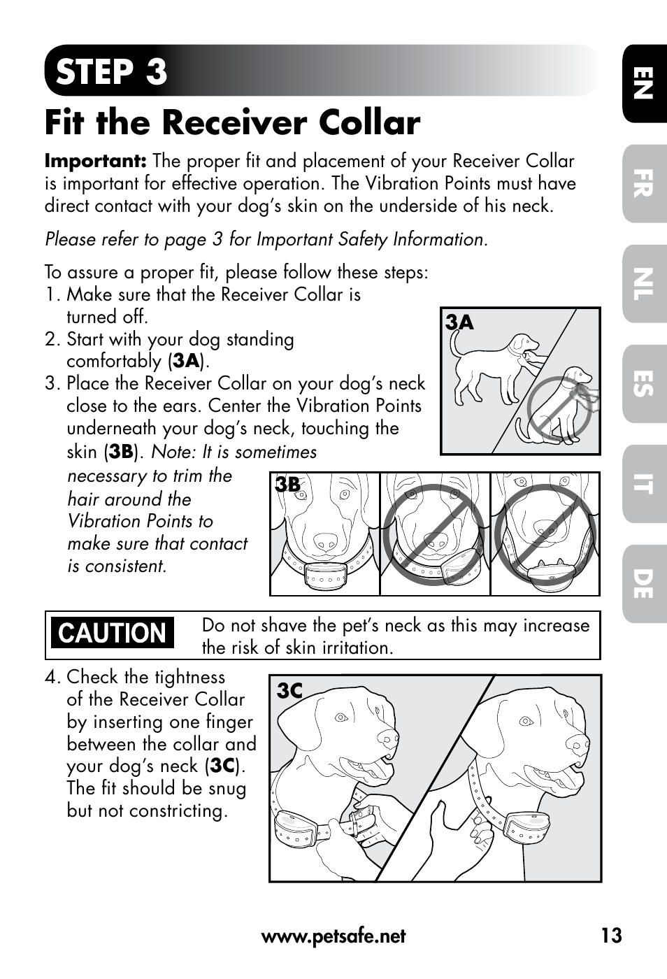 Step 3 fit the receiver collar, De fr es nl it en | Petsafe VT-800 Remote Vibration Trainer User Manual | Page 13 / 160