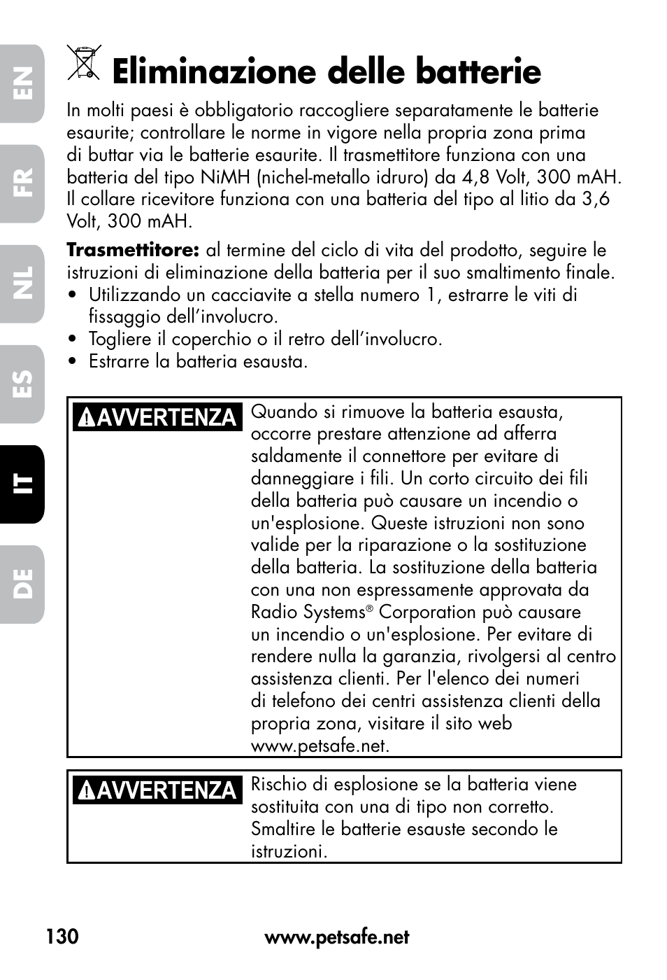 Eliminazione delle batterie, De fr es nl it en | Petsafe VT-800 Remote Vibration Trainer User Manual | Page 130 / 160