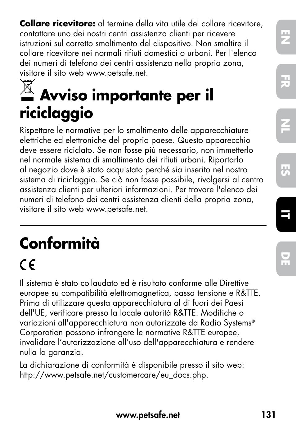 Avviso importante per il riciclaggio, Conformità, De fr es nl it en | Petsafe VT-800 Remote Vibration Trainer User Manual | Page 131 / 160