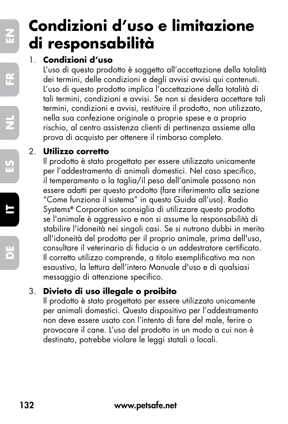 Condizioni d’uso e limitazione di responsabilità, De fr es nl it en | Petsafe VT-800 Remote Vibration Trainer User Manual | Page 132 / 160