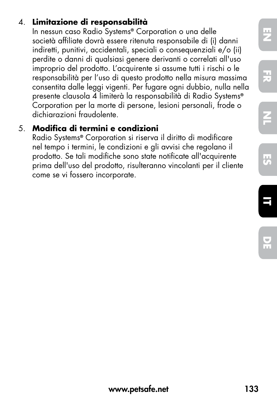 De fr es nl it en | Petsafe VT-800 Remote Vibration Trainer User Manual | Page 133 / 160