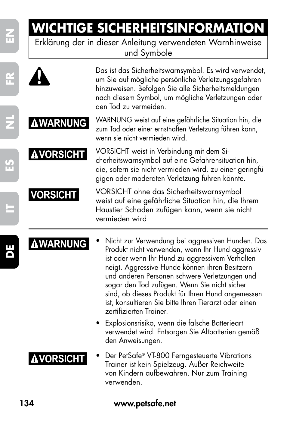 Wichtige sicherheitsinformation, De fr es nl it en | Petsafe VT-800 Remote Vibration Trainer User Manual | Page 134 / 160