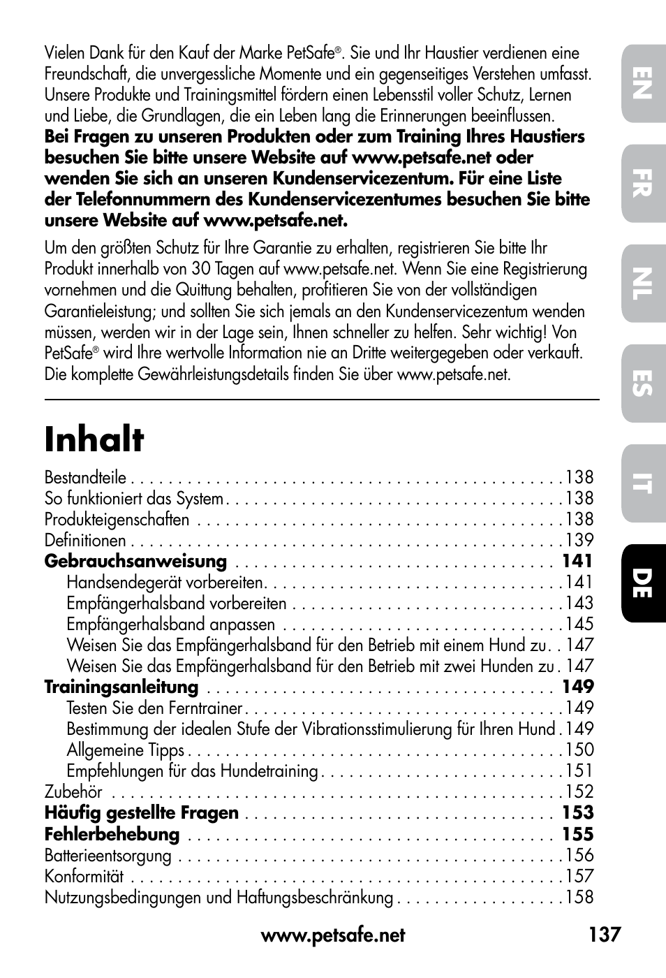 Inhalt, De fr es nl it en | Petsafe VT-800 Remote Vibration Trainer User Manual | Page 137 / 160