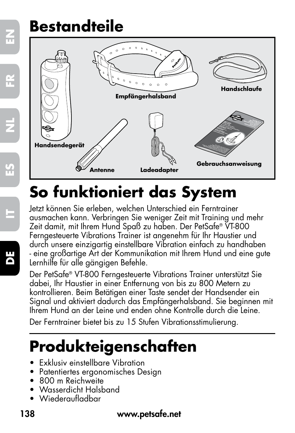 Bestandteile so funktioniert das system, Produkteigenschaften, De fr es nl it en | Petsafe VT-800 Remote Vibration Trainer User Manual | Page 138 / 160