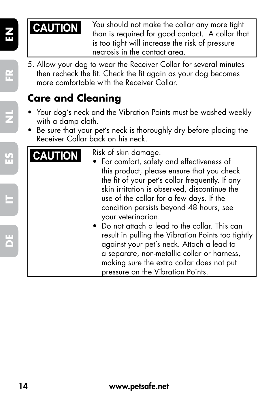 De fr es nl it en, Care and cleaning | Petsafe VT-800 Remote Vibration Trainer User Manual | Page 14 / 160