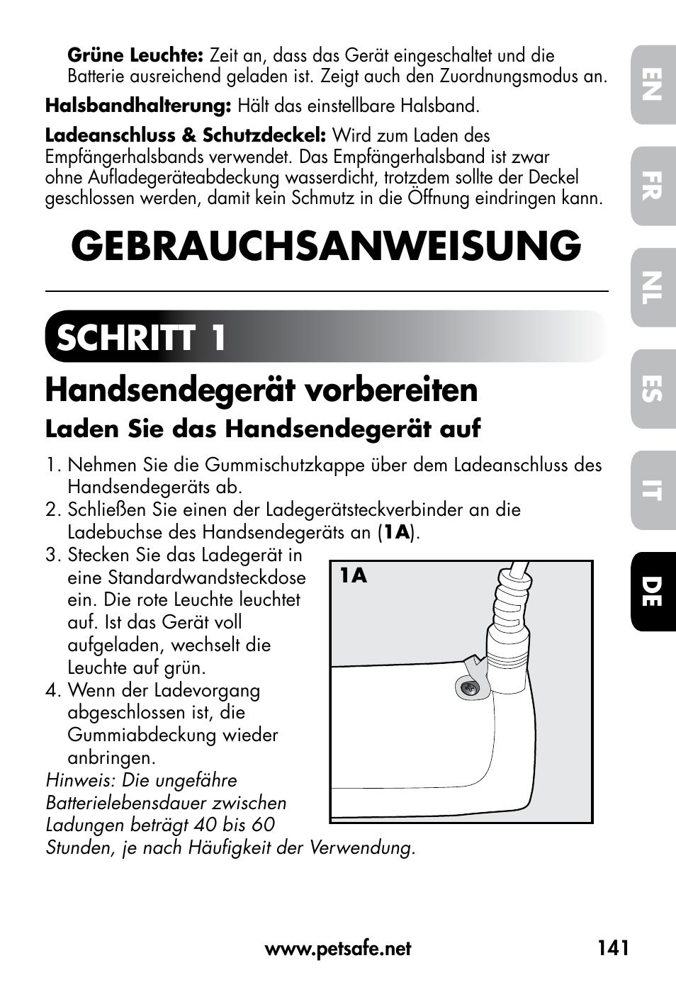 Gebrauchsanweisung, Schritt 1, Handsendegerät vorbereiten | De fr es nl it en | Petsafe VT-800 Remote Vibration Trainer User Manual | Page 141 / 160