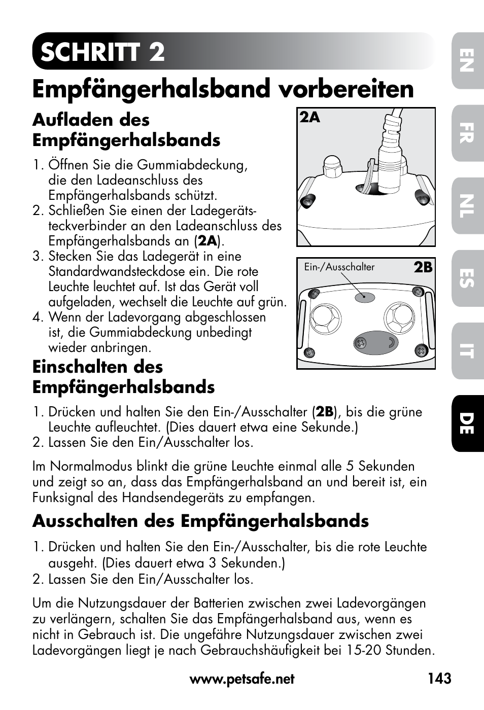 Schritt 2 empfängerhalsband vorbereiten, De fr es nl it en | Petsafe VT-800 Remote Vibration Trainer User Manual | Page 143 / 160