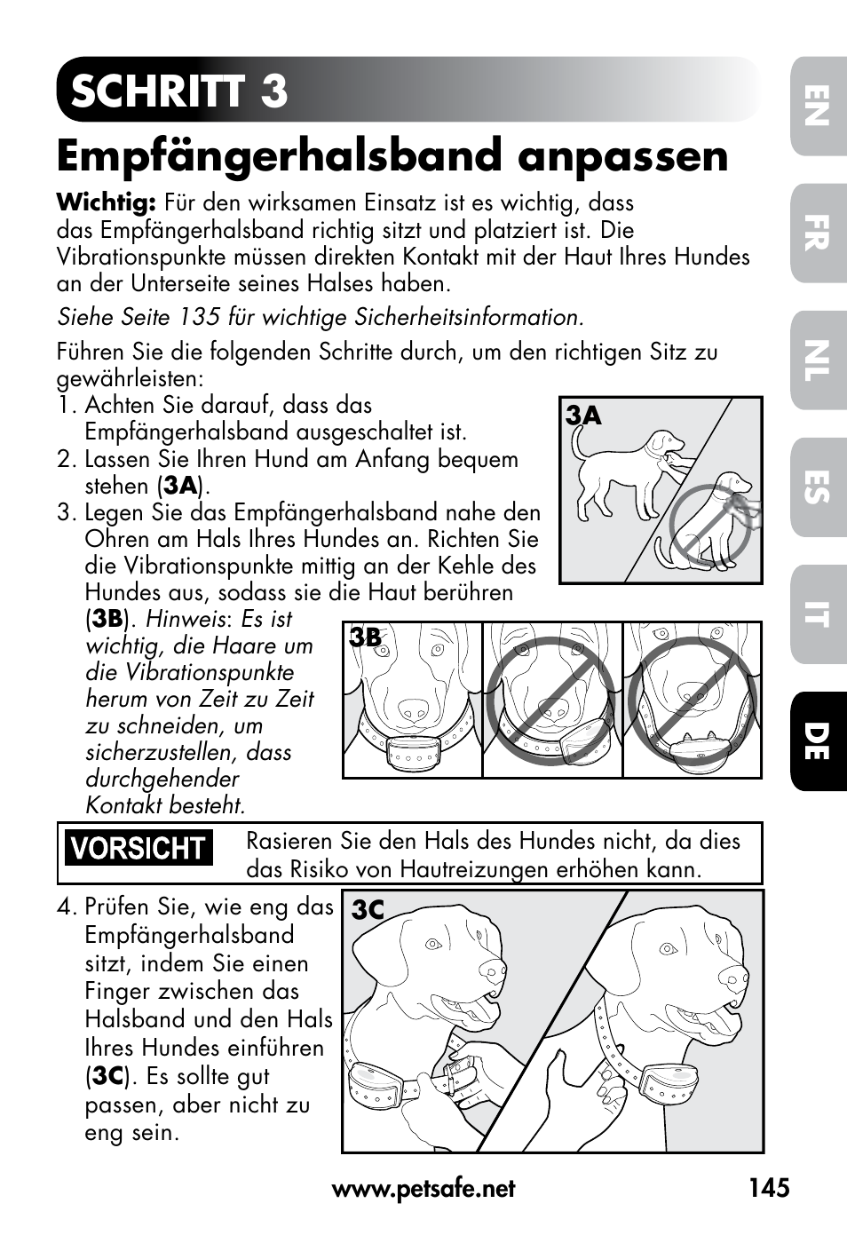 Schritt 3 empfängerhalsband anpassen, De fr es nl it en | Petsafe VT-800 Remote Vibration Trainer User Manual | Page 145 / 160