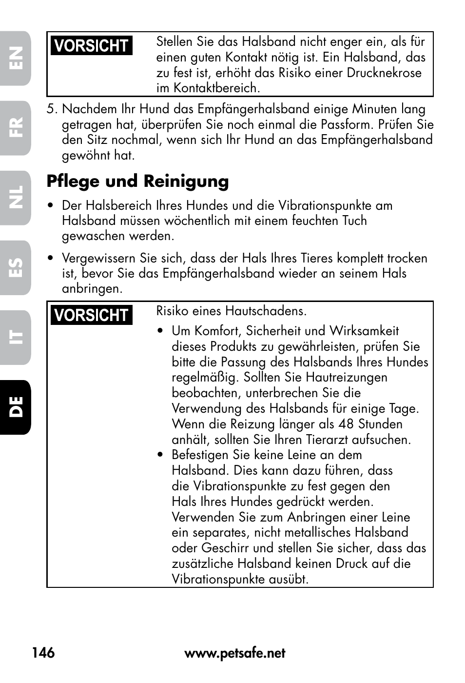 De fr es nl it en, Pflege und reinigung | Petsafe VT-800 Remote Vibration Trainer User Manual | Page 146 / 160