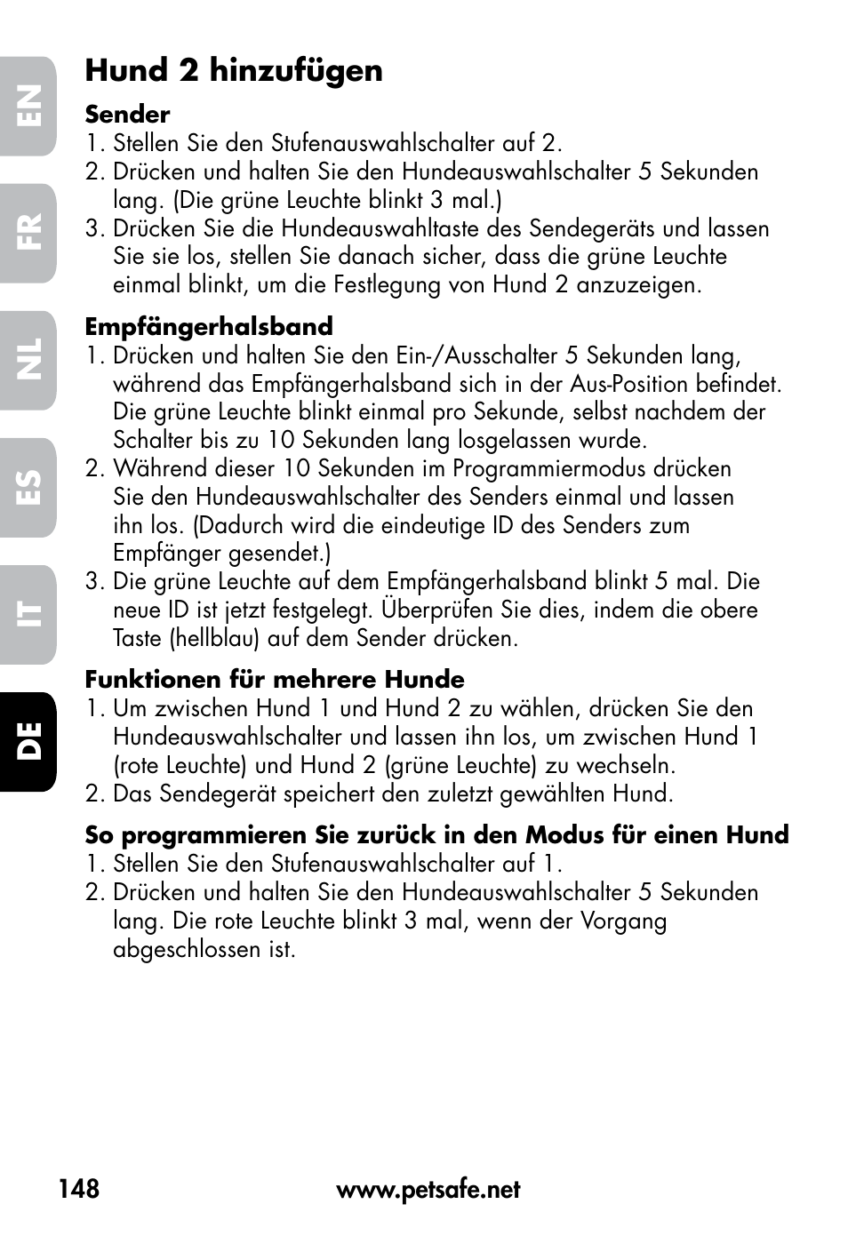 De fr es nl it en, Hund 2 hinzufügen | Petsafe VT-800 Remote Vibration Trainer User Manual | Page 148 / 160