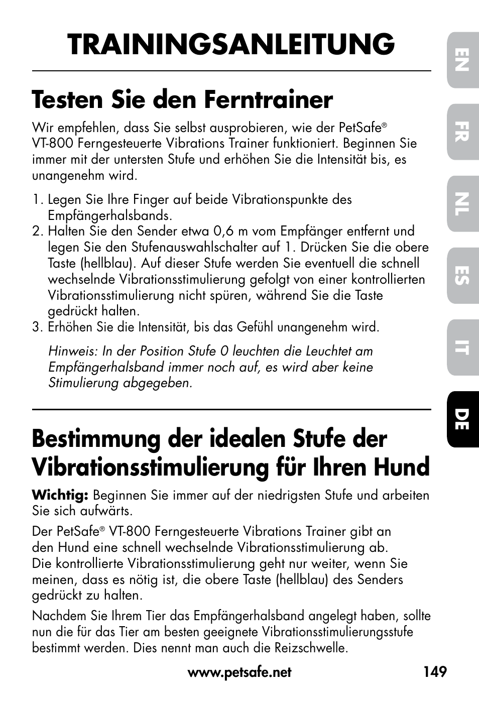 Trainingsanleitung, Testen sie den ferntrainer, De fr es nl it en | Petsafe VT-800 Remote Vibration Trainer User Manual | Page 149 / 160