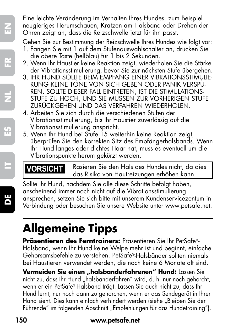 Allgemeine tipps, De fr es nl it en | Petsafe VT-800 Remote Vibration Trainer User Manual | Page 150 / 160