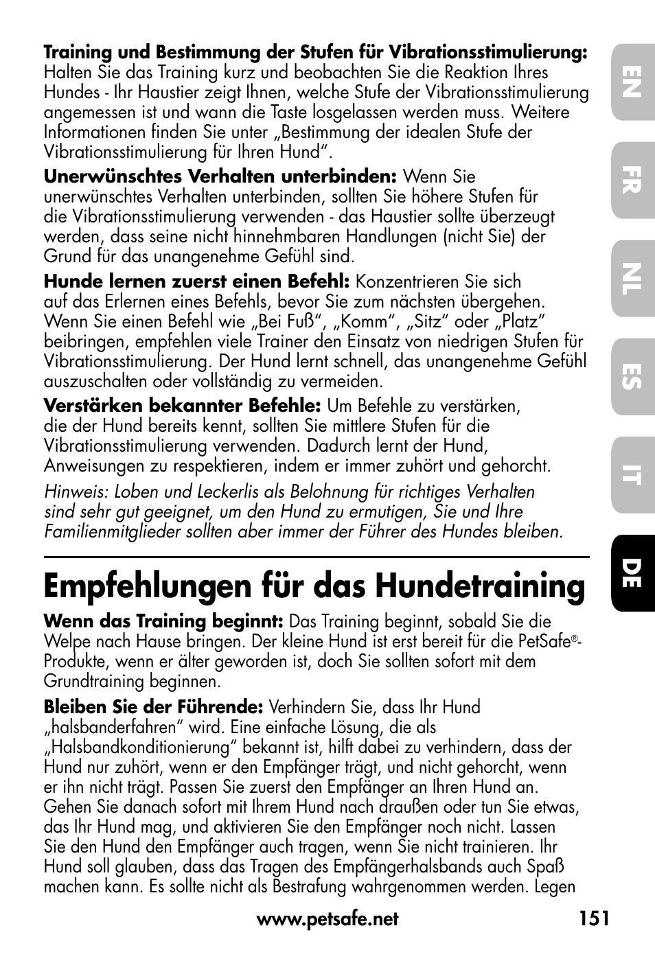 Empfehlungen für das hundetraining, De fr es nl it en | Petsafe VT-800 Remote Vibration Trainer User Manual | Page 151 / 160