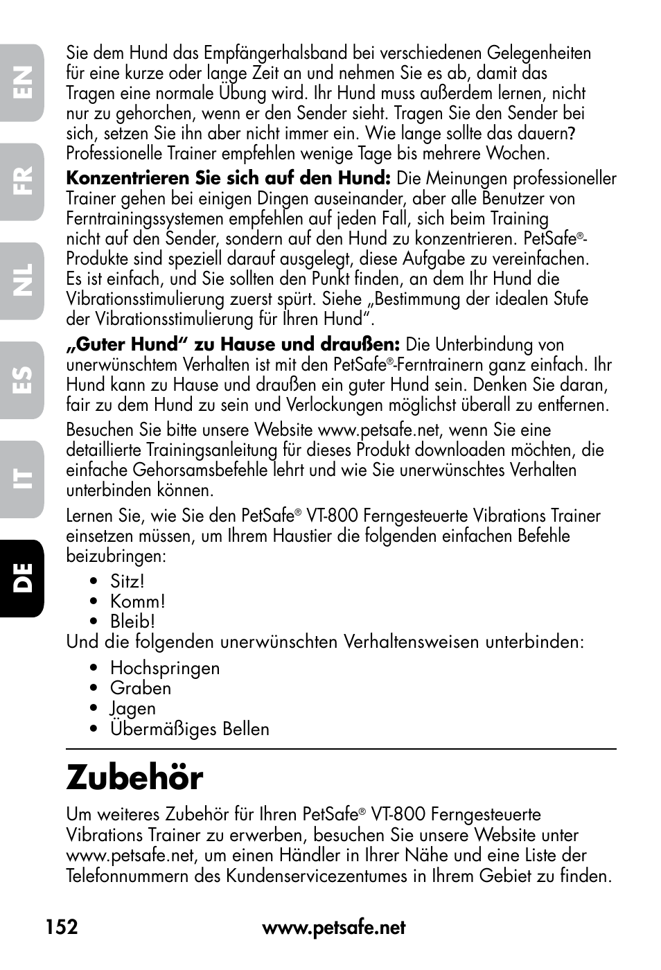 Zubehör, De fr es nl it en | Petsafe VT-800 Remote Vibration Trainer User Manual | Page 152 / 160