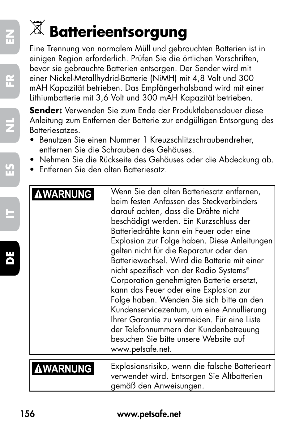 Batterieentsorgung, De fr es nl it en | Petsafe VT-800 Remote Vibration Trainer User Manual | Page 156 / 160