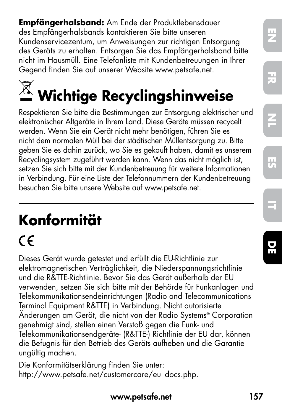 Wichtige recyclingshinweise, Konformität, De fr es nl it en | Petsafe VT-800 Remote Vibration Trainer User Manual | Page 157 / 160