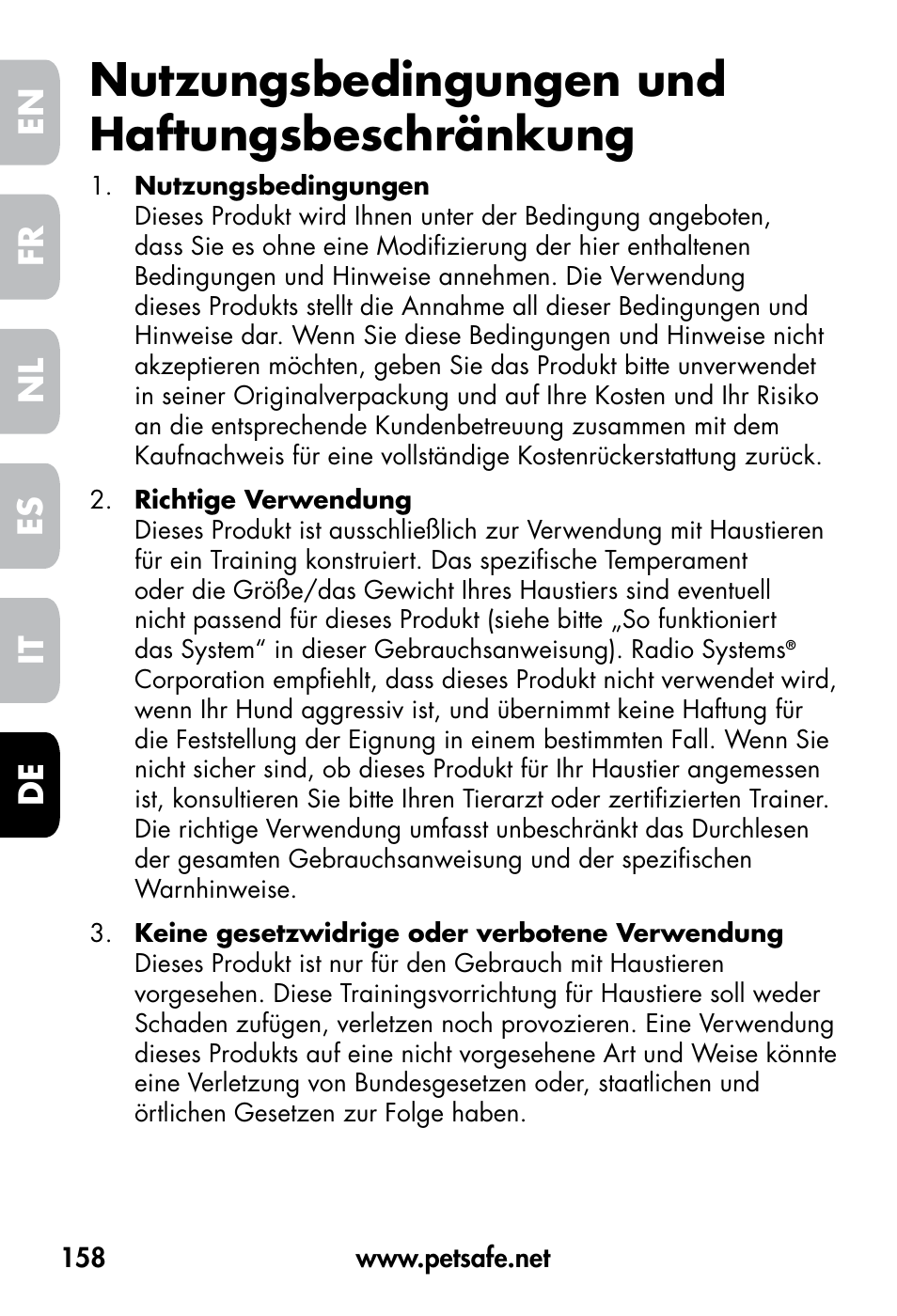 Nutzungsbedingungen und haftungsbeschränkung, De fr es nl it en | Petsafe VT-800 Remote Vibration Trainer User Manual | Page 158 / 160