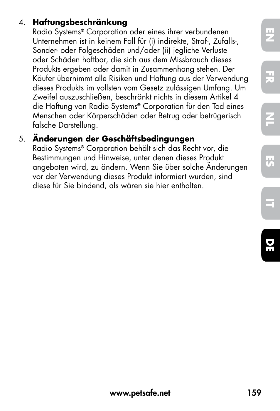 De fr es nl it en | Petsafe VT-800 Remote Vibration Trainer User Manual | Page 159 / 160