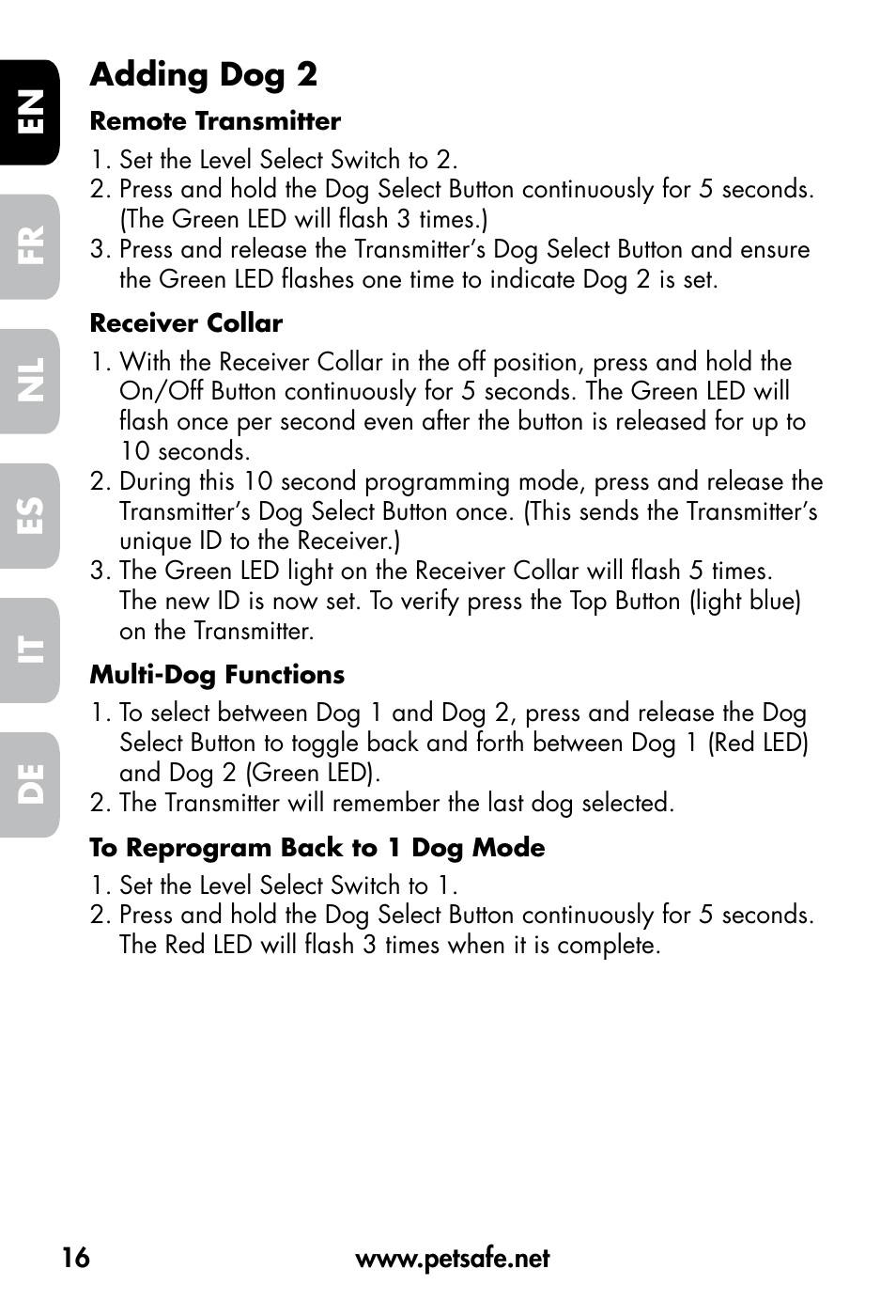 De fr es nl it en, Adding dog 2 | Petsafe VT-800 Remote Vibration Trainer User Manual | Page 16 / 160