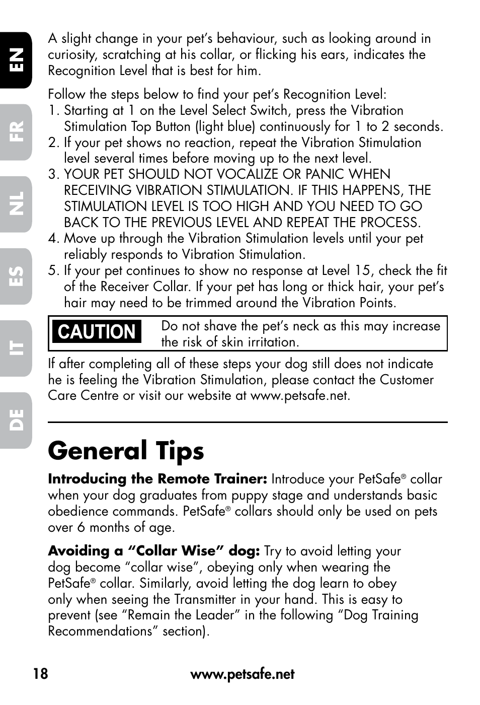 General tips, De fr es nl it en | Petsafe VT-800 Remote Vibration Trainer User Manual | Page 18 / 160