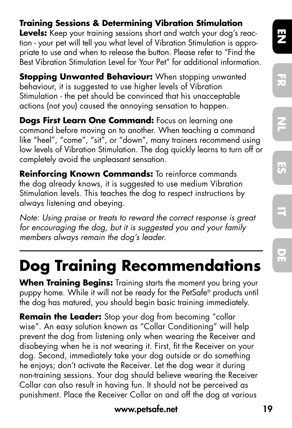 Dog training recommendations, De fr es nl it en | Petsafe VT-800 Remote Vibration Trainer User Manual | Page 19 / 160