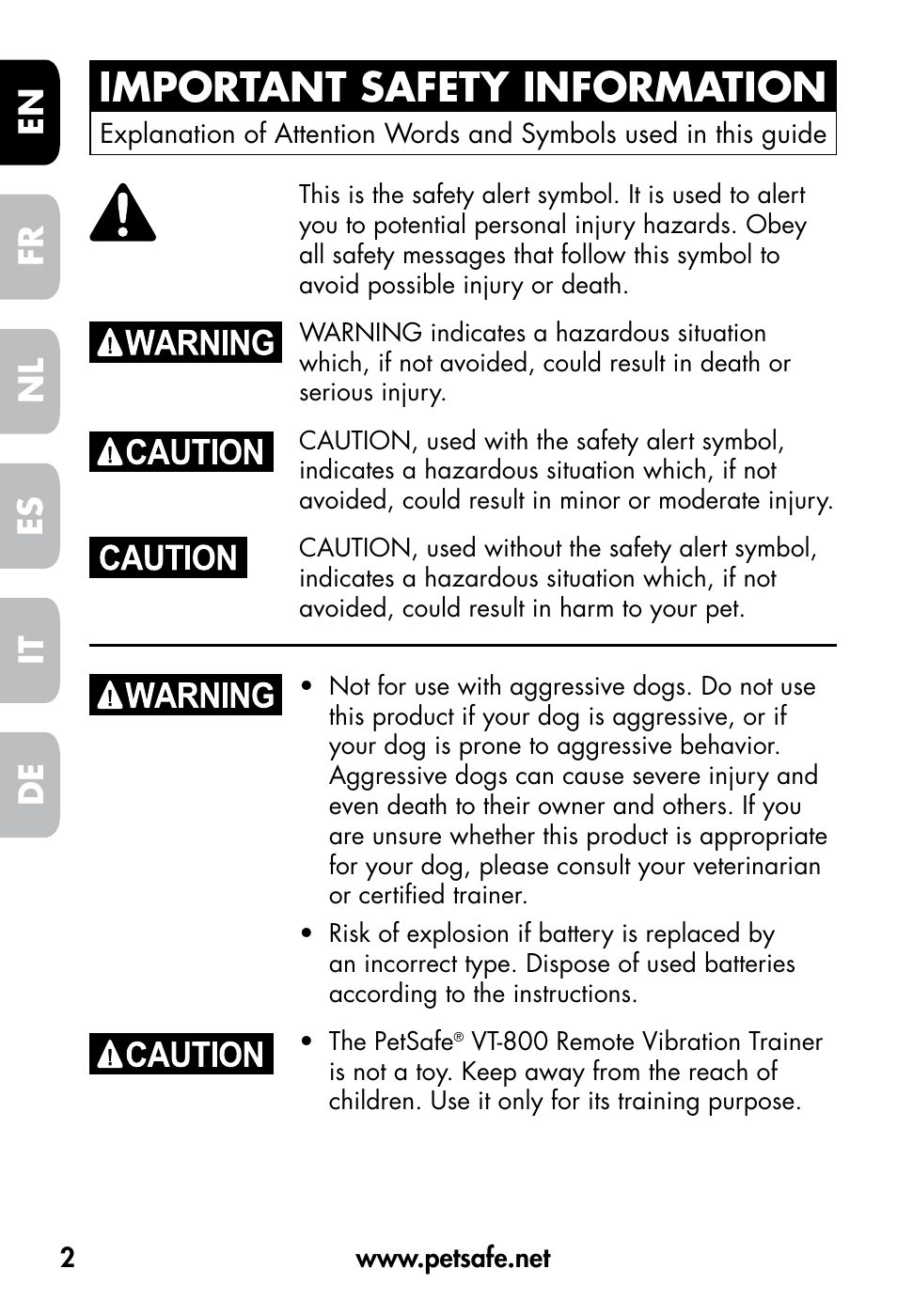 Important safety information, De fr es nl it en | Petsafe VT-800 Remote Vibration Trainer User Manual | Page 2 / 160