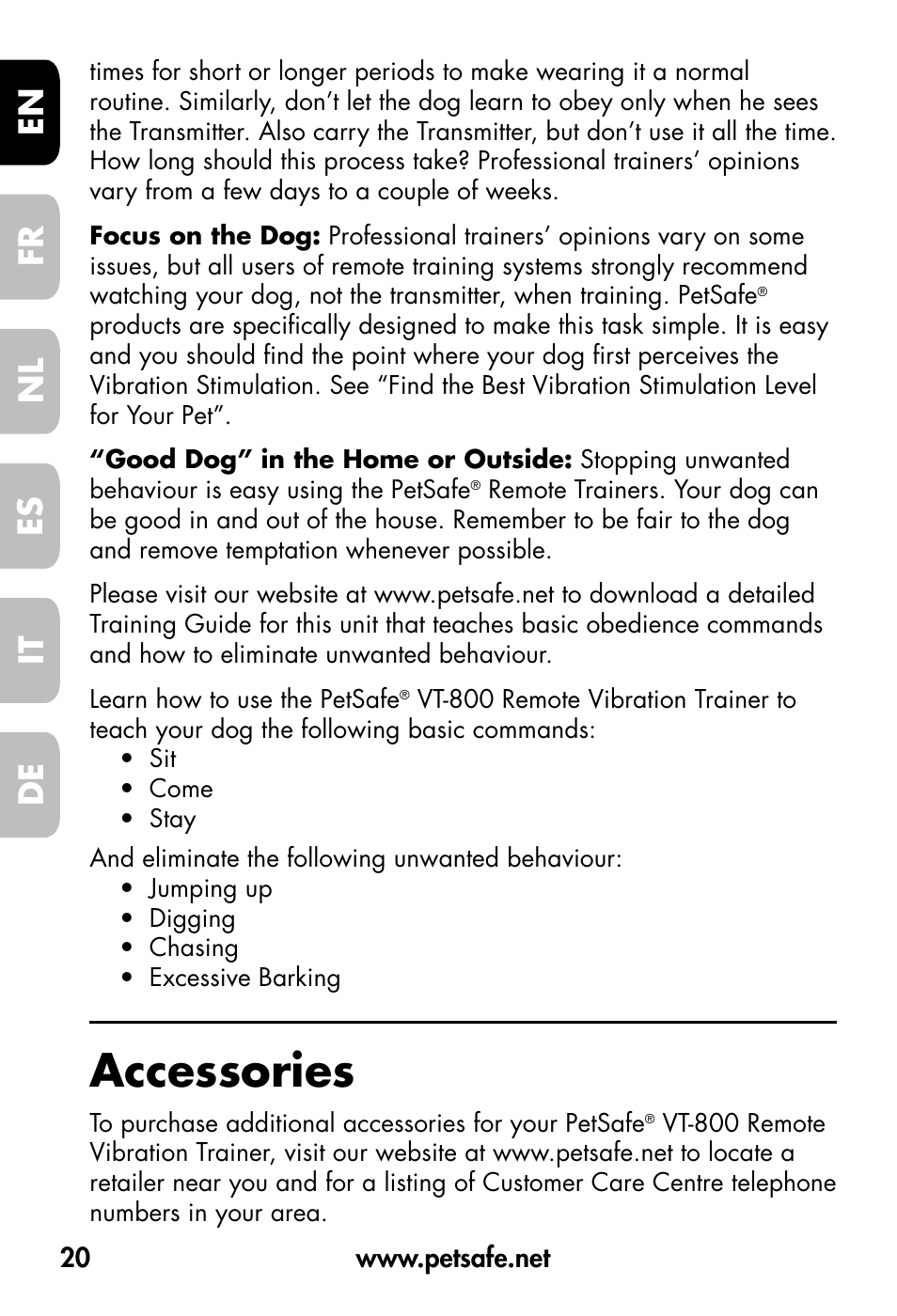 Accessories, De fr es nl it en | Petsafe VT-800 Remote Vibration Trainer User Manual | Page 20 / 160