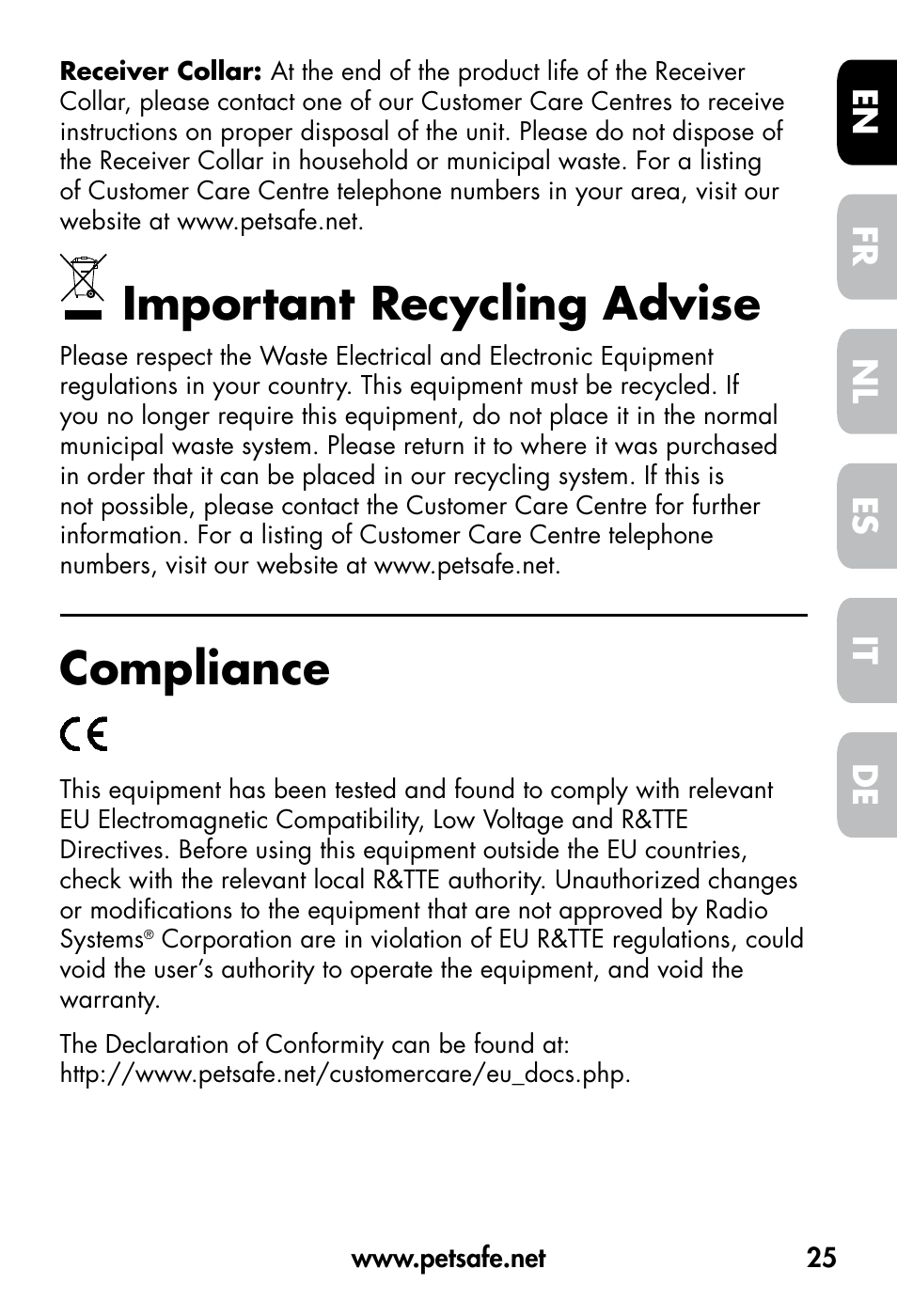 Important recycling advise, Compliance, De fr es nl it en | Petsafe VT-800 Remote Vibration Trainer User Manual | Page 25 / 160