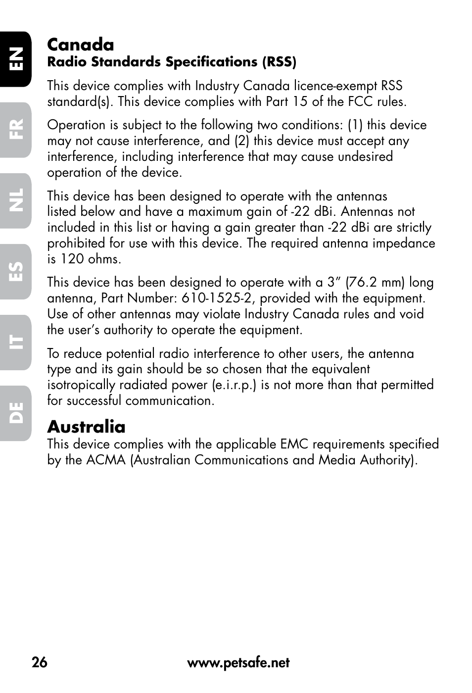 De fr es nl it en, Canada, Australia | Petsafe VT-800 Remote Vibration Trainer User Manual | Page 26 / 160