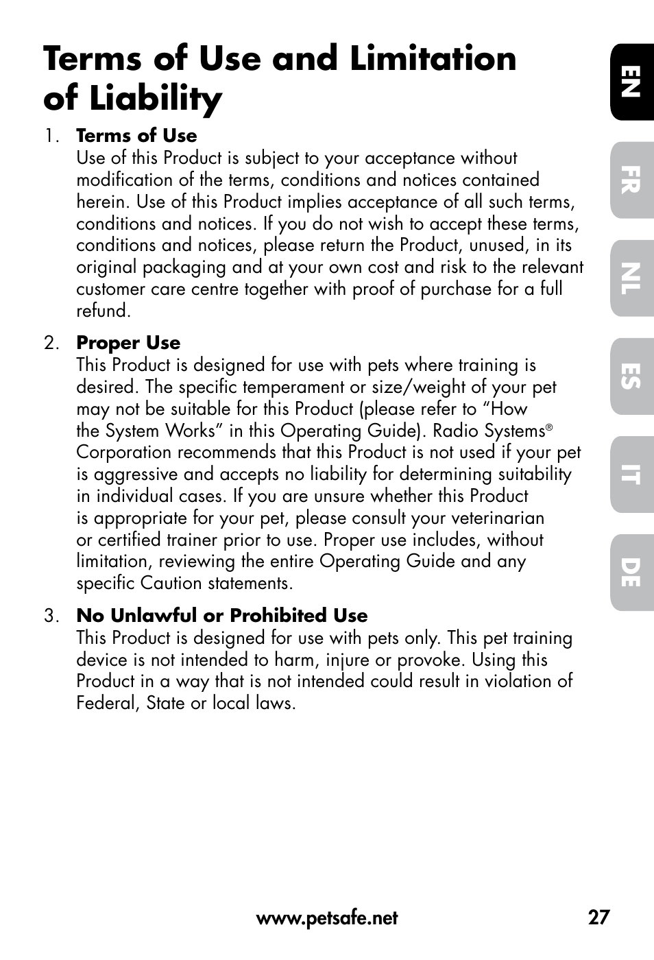 Terms of use and limitation of liability, De fr es nl it en | Petsafe VT-800 Remote Vibration Trainer User Manual | Page 27 / 160