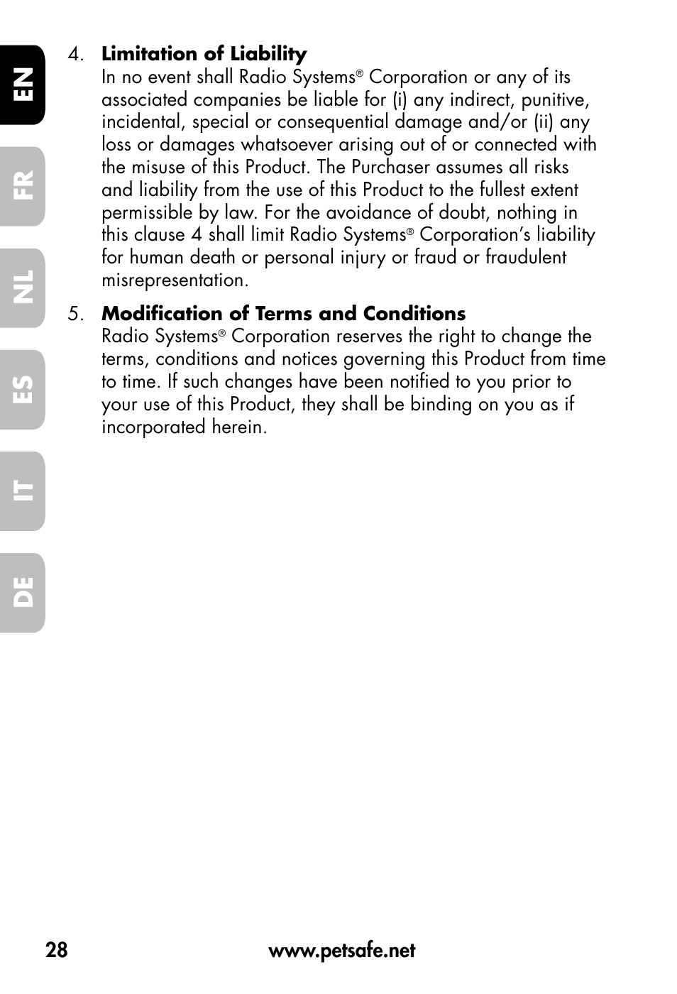 De fr es nl it en | Petsafe VT-800 Remote Vibration Trainer User Manual | Page 28 / 160