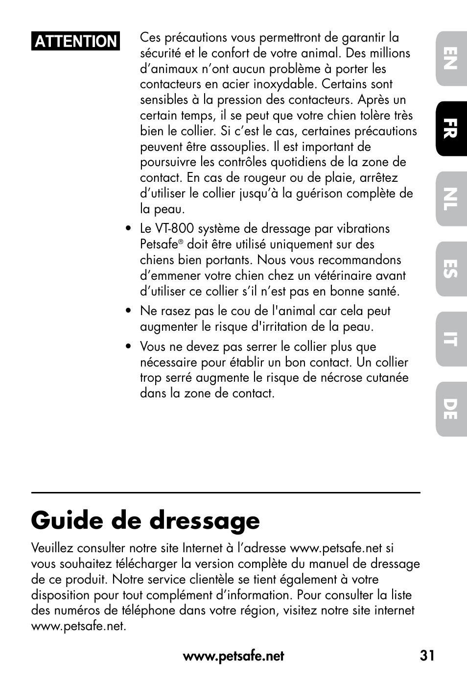 Guide de dressage, De fr es nl it en | Petsafe VT-800 Remote Vibration Trainer User Manual | Page 31 / 160