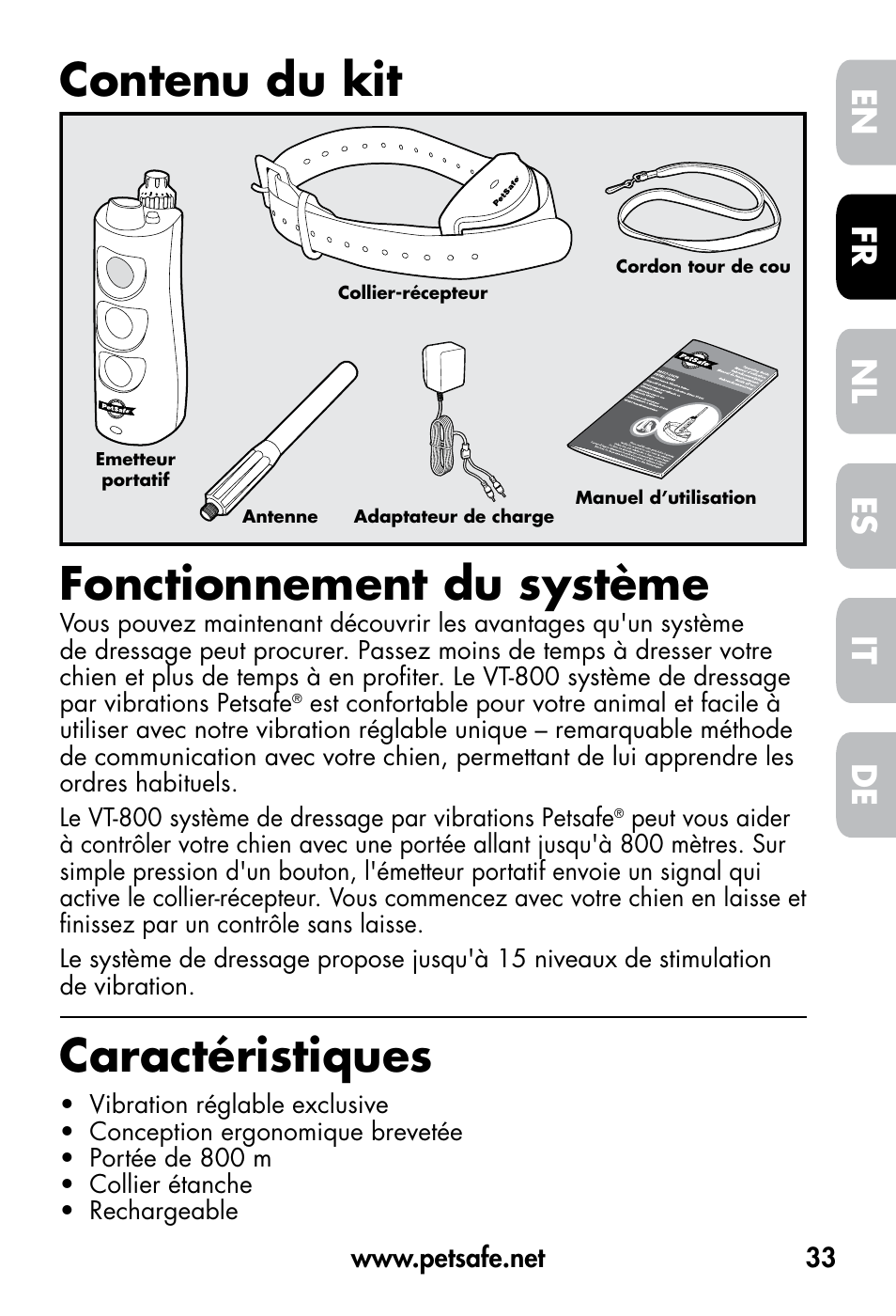 Contenu du kit fonctionnement du système, Caractéristiques, De fr es nl it en | Petsafe VT-800 Remote Vibration Trainer User Manual | Page 33 / 160