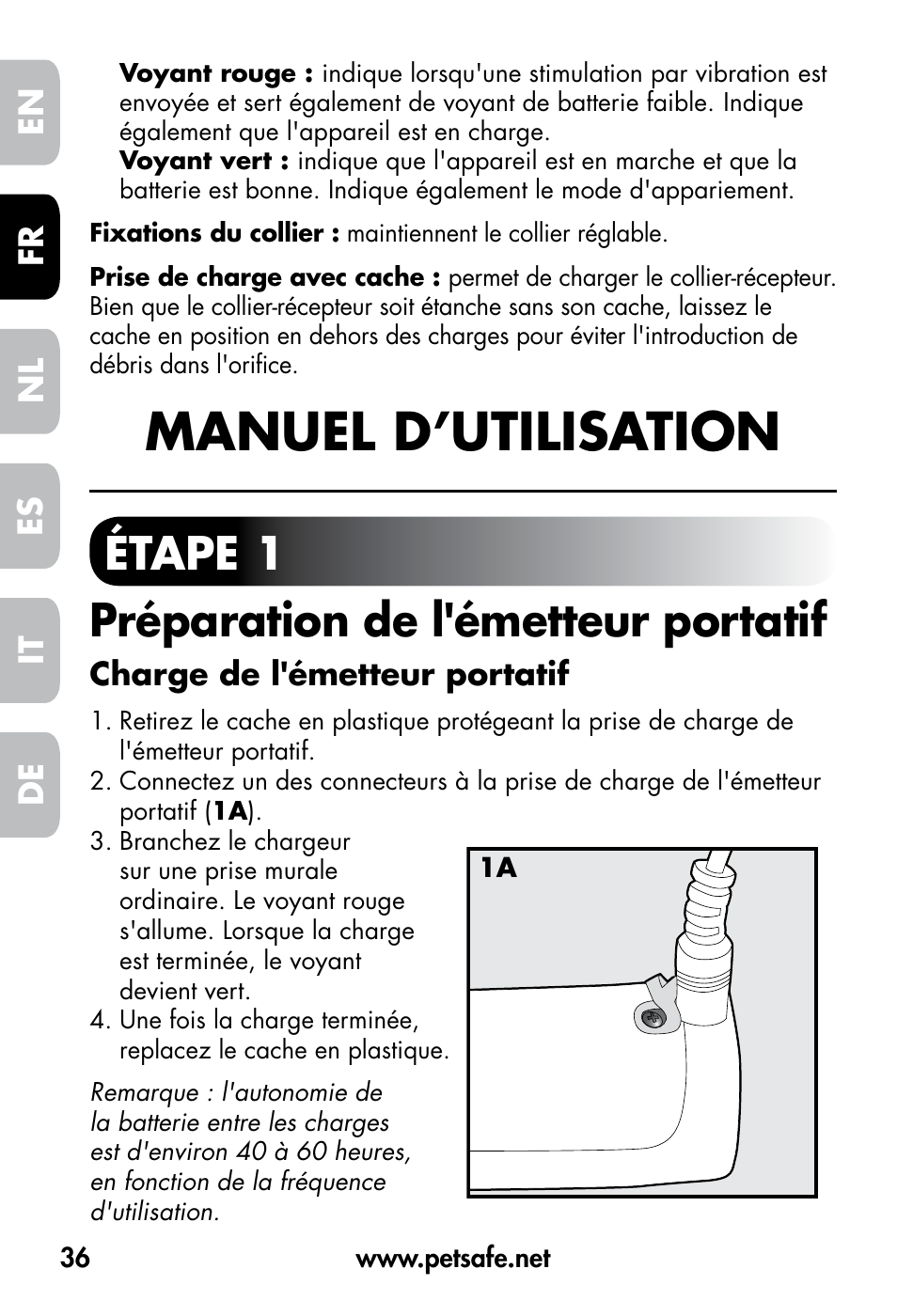 Manuel d’utilisation, Étape 1 préparation de l'émetteur portatif, De fr es nl it en | Petsafe VT-800 Remote Vibration Trainer User Manual | Page 36 / 160