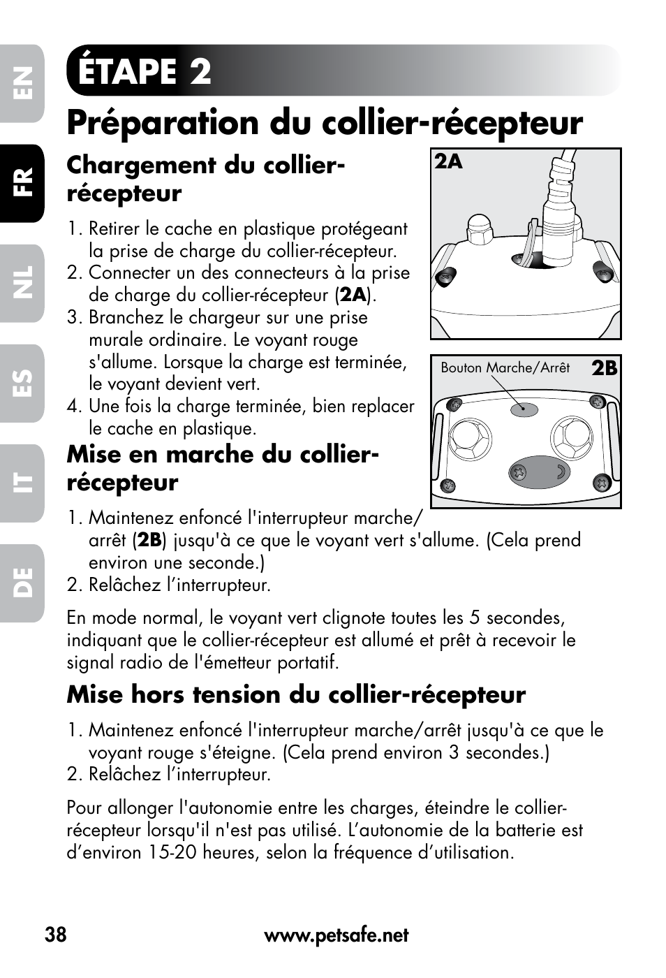 Étape 2 préparation du collier-récepteur, De fr es nl it en | Petsafe VT-800 Remote Vibration Trainer User Manual | Page 38 / 160