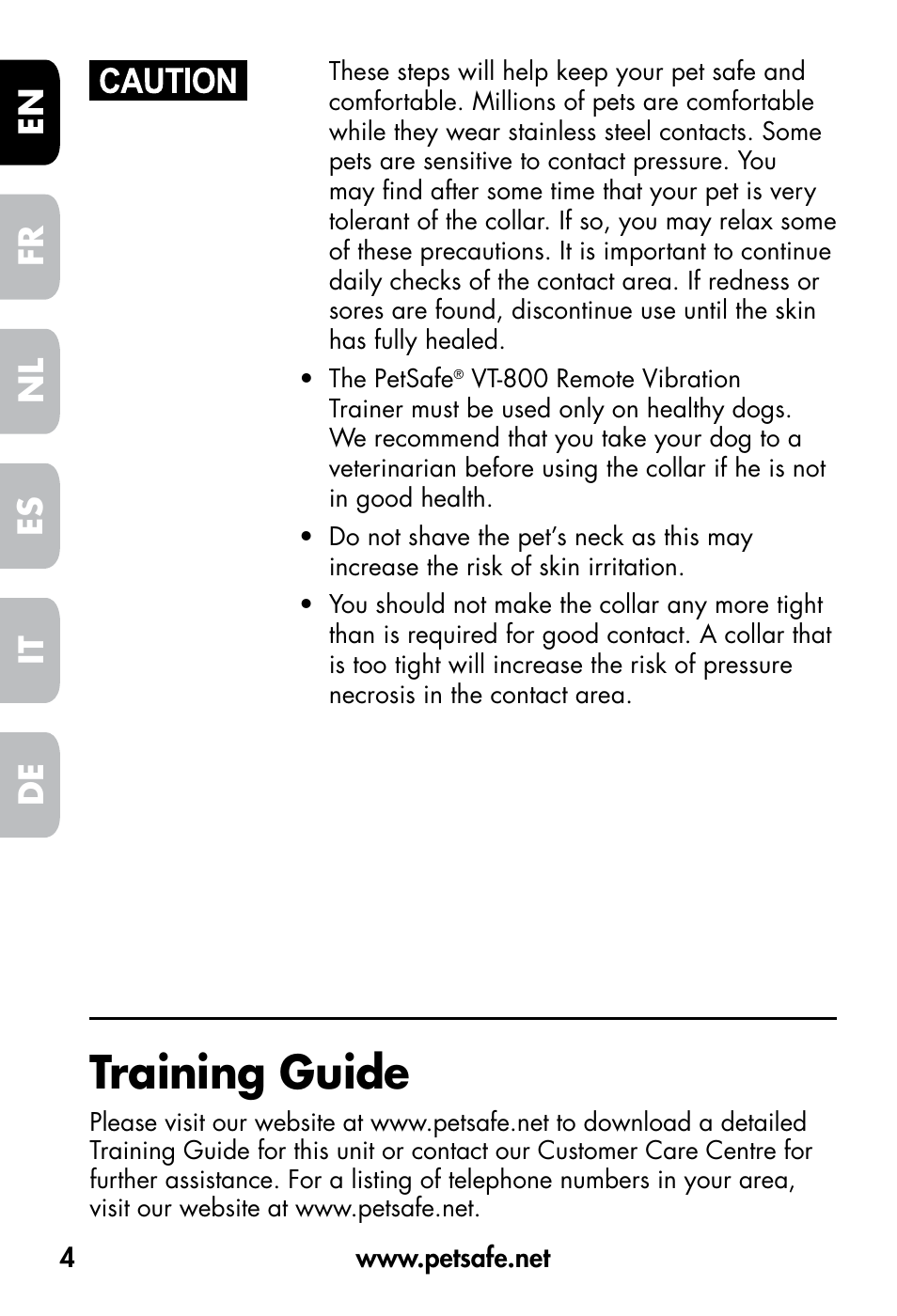 Training guide, De fr es nl it en | Petsafe VT-800 Remote Vibration Trainer User Manual | Page 4 / 160