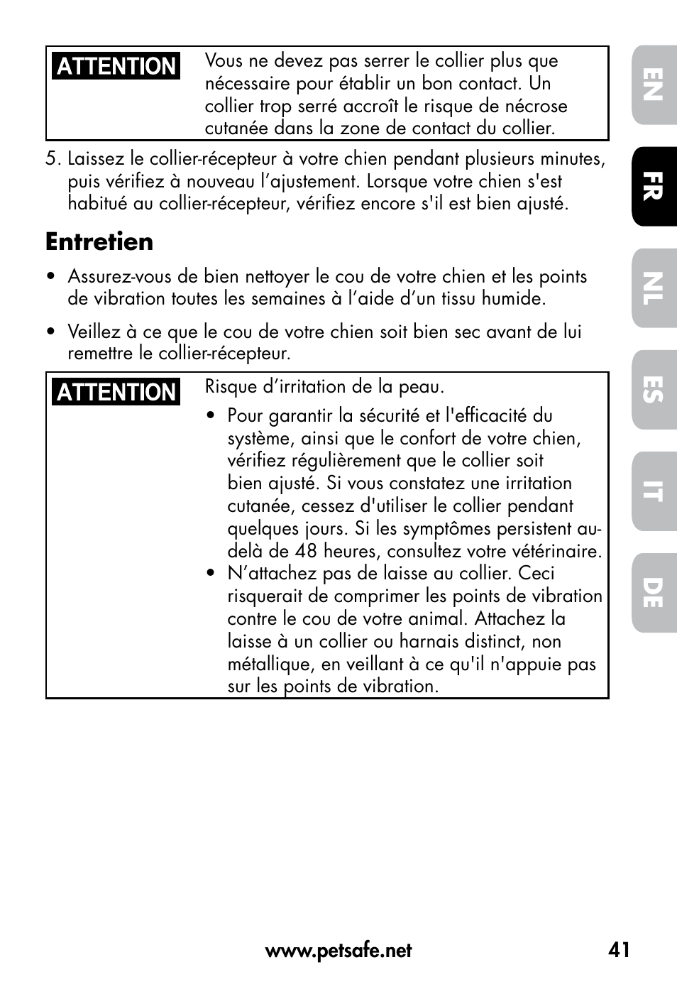 De fr es nl it en, Entretien | Petsafe VT-800 Remote Vibration Trainer User Manual | Page 41 / 160