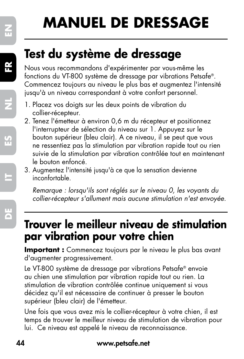 Manuel de dressage, Test du système de dressage, De fr es nl it en | Petsafe VT-800 Remote Vibration Trainer User Manual | Page 44 / 160
