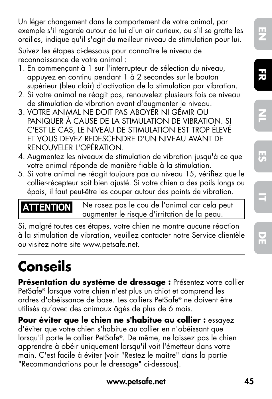 Conseils, De fr es nl it en | Petsafe VT-800 Remote Vibration Trainer User Manual | Page 45 / 160