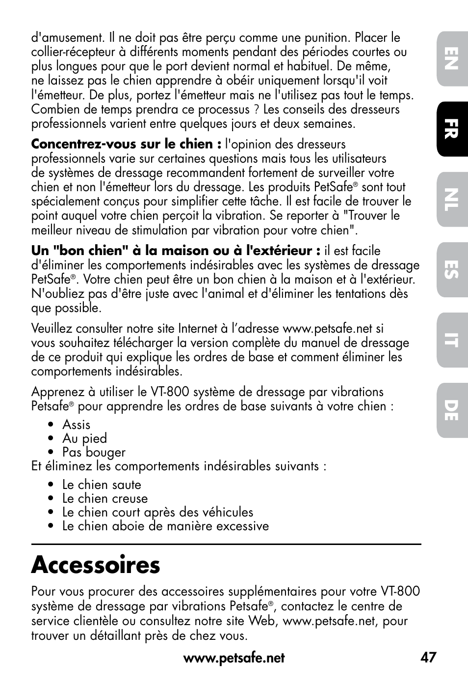 Accessoires, De fr es nl it en | Petsafe VT-800 Remote Vibration Trainer User Manual | Page 47 / 160