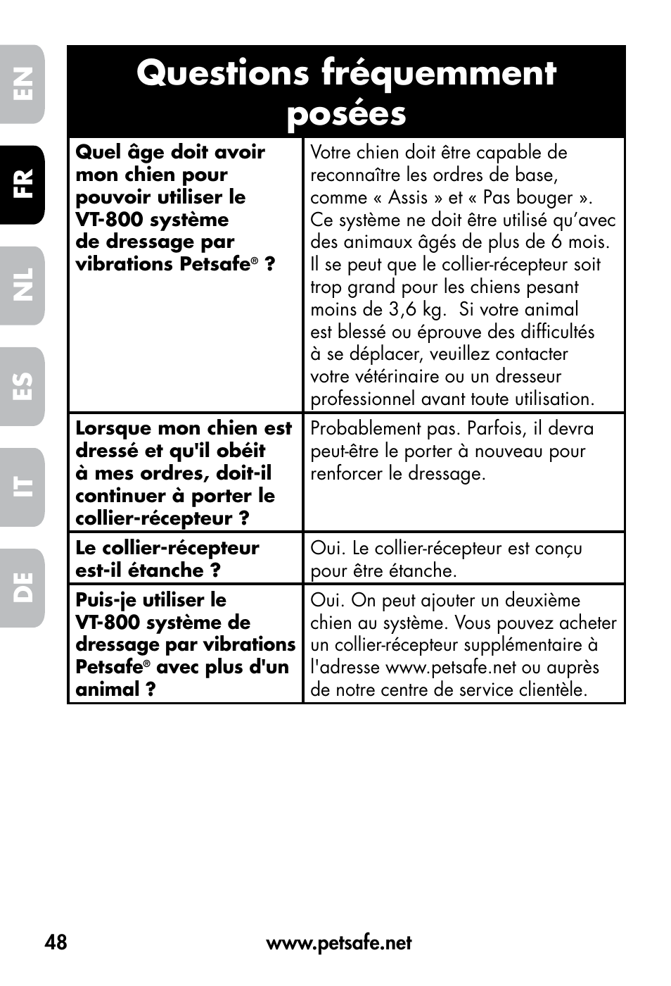 Questions fréquemment posées, De fr es nl it en | Petsafe VT-800 Remote Vibration Trainer User Manual | Page 48 / 160