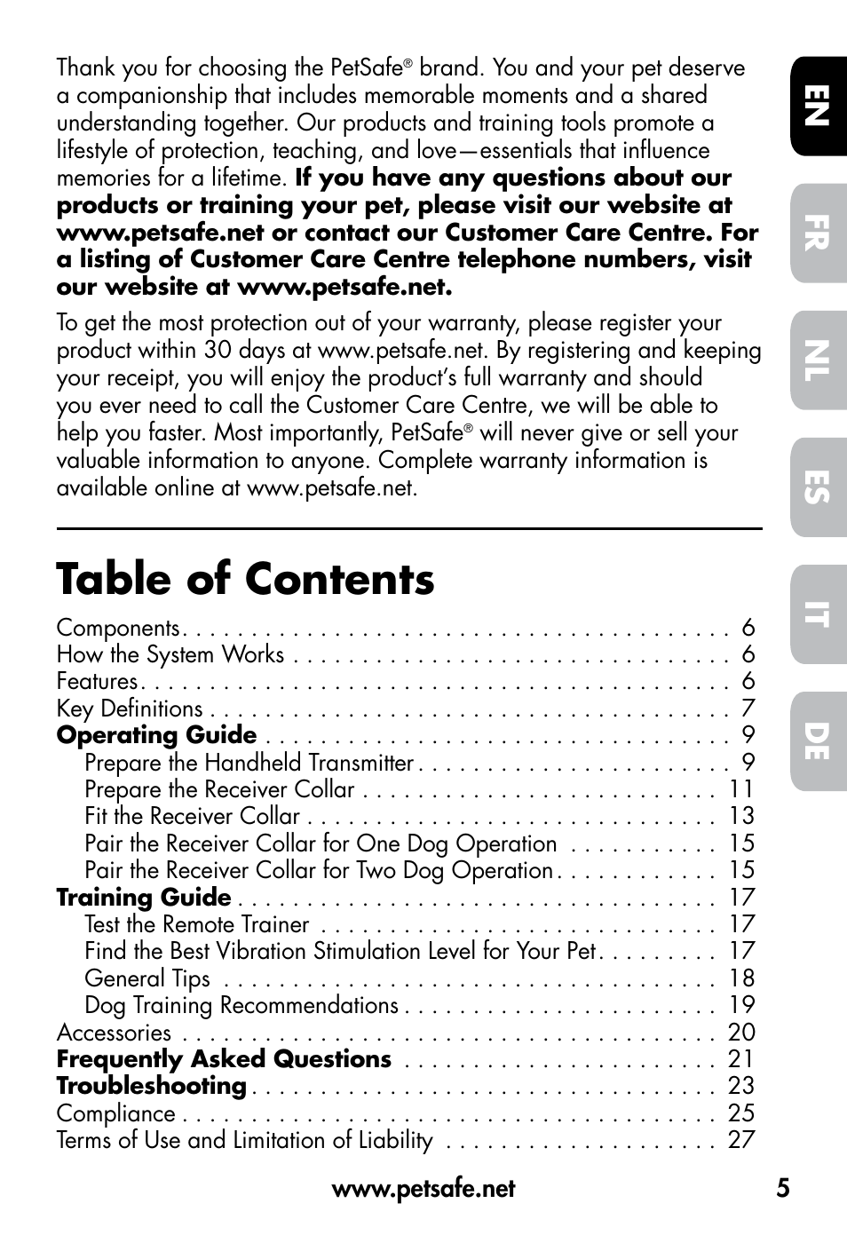 Petsafe VT-800 Remote Vibration Trainer User Manual | Page 5 / 160