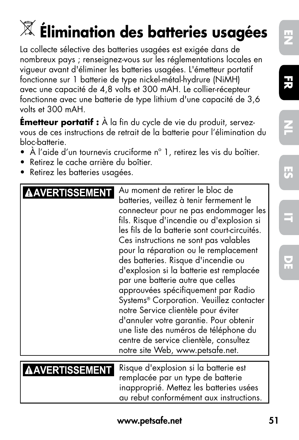 Élimination des batteries usagées, De fr es nl it en | Petsafe VT-800 Remote Vibration Trainer User Manual | Page 51 / 160