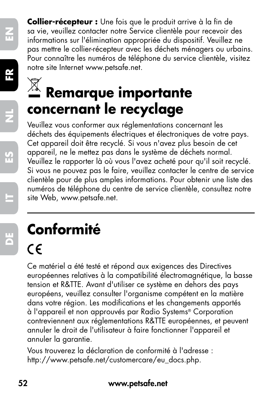Remarque importante concernant le recyclage, Conformité, De fr es nl it en | Petsafe VT-800 Remote Vibration Trainer User Manual | Page 52 / 160