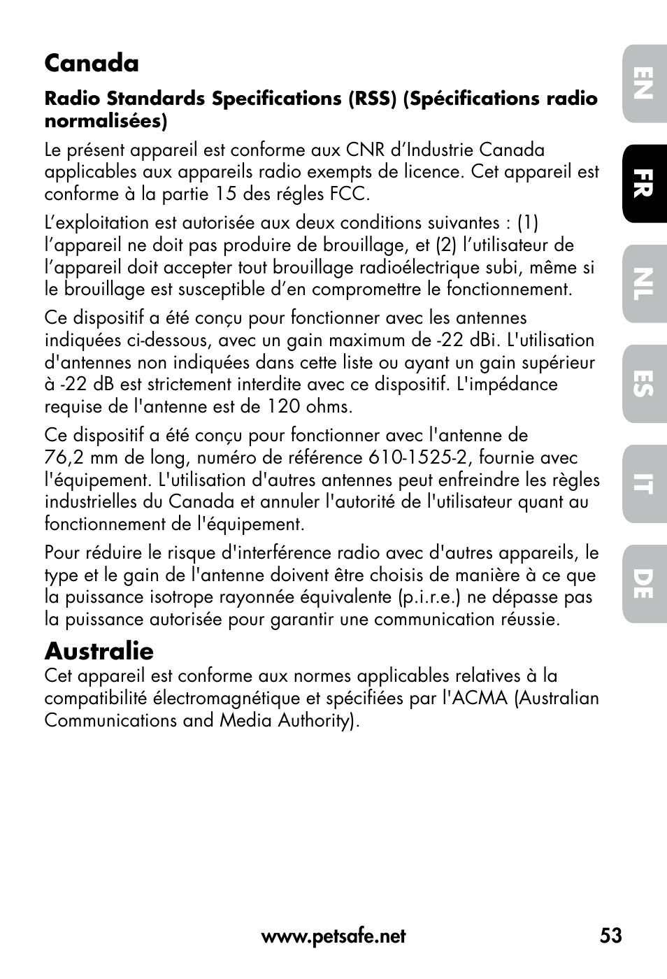 De fr es nl it en, Canada, Australie | Petsafe VT-800 Remote Vibration Trainer User Manual | Page 53 / 160