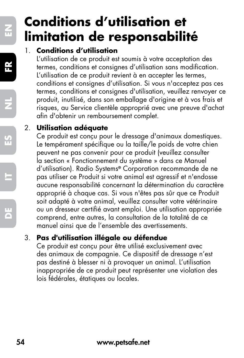 De fr es nl it en | Petsafe VT-800 Remote Vibration Trainer User Manual | Page 54 / 160