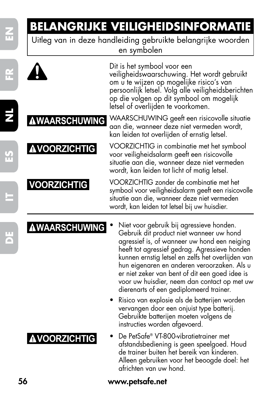 Belangrijke veiligheidsinformatie, De fr es nl it en | Petsafe VT-800 Remote Vibration Trainer User Manual | Page 56 / 160