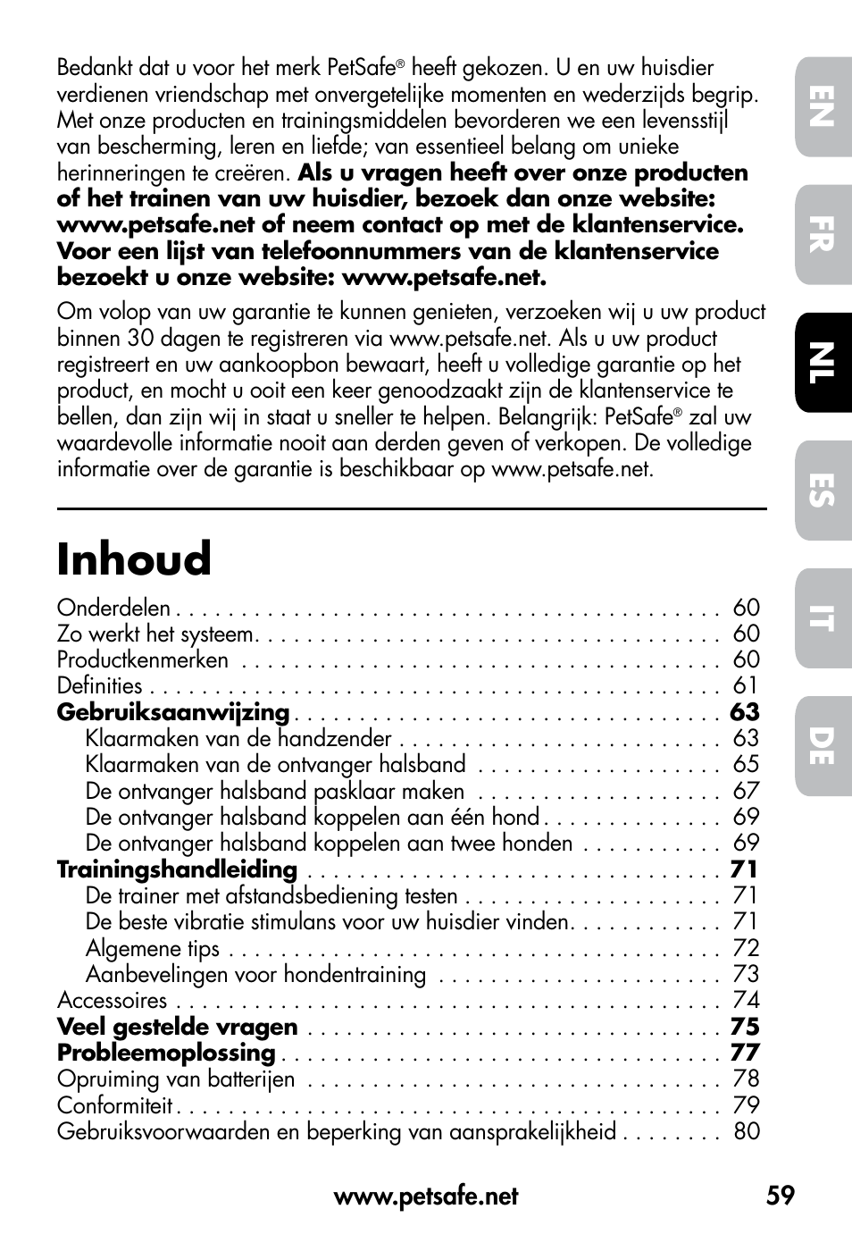 Inhoud, De fr es nl it en | Petsafe VT-800 Remote Vibration Trainer User Manual | Page 59 / 160